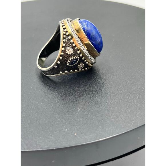 JAS Turkey Sterling Silver Lapis Lazuli, CZ, Blue Sapphire Two Tone Ring Sz 8 - Picture 10 of 13